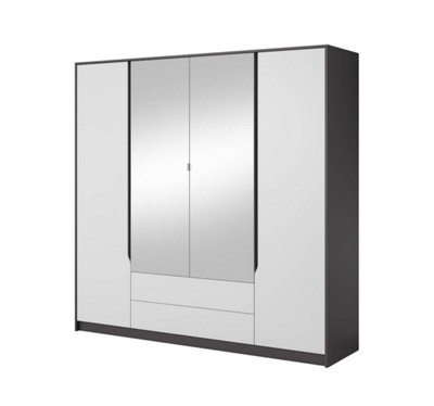 Sega Contemporary 4 Mirrored Hinged Door Wardrobe 5 Shelves 2 Drawers 2 Rails White Graphite (H)2020mm (W)2000mm (D)570mm