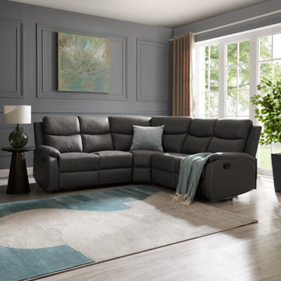 Selby 5 Seater Corner L Shaped Manual Recliner Sofa Grey Faux Leather