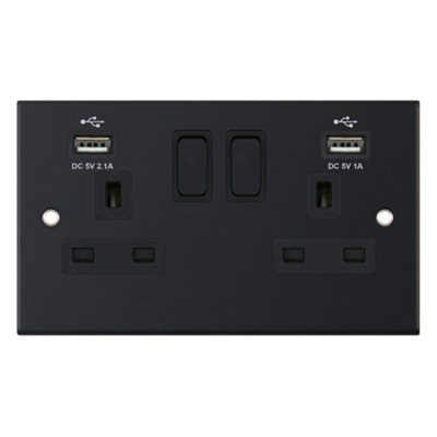 Selectric DSL11-61 Switch Socket with 2 x USB Ports 13A 2 Gang (Matt Black)