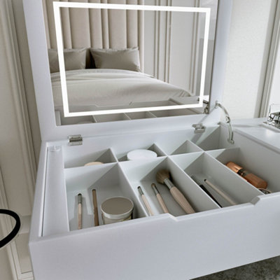 Selena Dressing Table Flip Top LED Light Mirror Side Drawer Stool Set ...