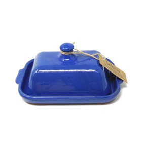 Selena Glazed Hand Dipped Kitchen Dining Butter Dish Blue (L) 20cm x (H) 9cm