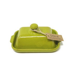 Selena Glazed Hand Dipped Kitchen Dining Butter Dish Lime Green (L) 20cm x (H) 9cm