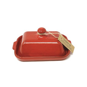 Selena Glazed Hand Dipped Kitchen Dining Butter Dish Red (L) 20cm x (H) 9cm