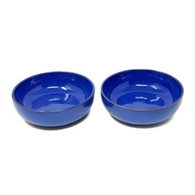 Selena Glazed Hand Dipped Kitchen Dining Set of 2 Shallow Bowls Blue (Diam) 14cm