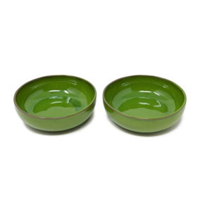 Selena Glazed Hand Dipped Kitchen Dining Set of 2 Shallow Bowls Dark Green (Diam) 14cm