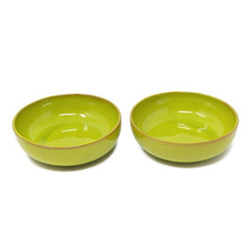 Selena Glazed Hand Dipped Kitchen Dining Set of 2 Shallow Bowls Lime Green (Diam) 14cm