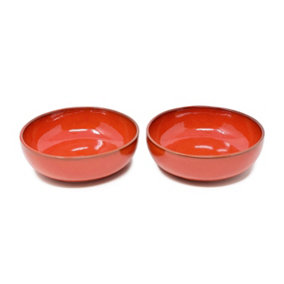 Selena Glazed Hand Dipped Kitchen Dining Set of 2 Shallow Bowls Red (Diam) 14cm