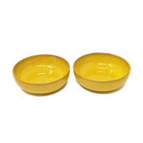 Selena Glazed Hand Dipped Kitchen Dining Set of 2 Shallow Bowls Yellow (Diam) 14cm