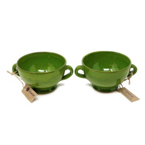 Selena Glazed Hand Dipped Kitchen Dining Set of 2 Soup Bowls Dark Green (H) 9.5cm x (W) 14cm