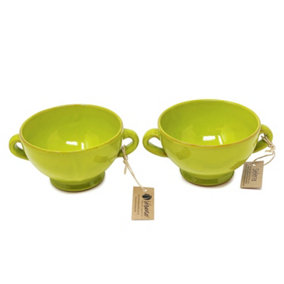 Selena Glazed Hand Dipped Kitchen Dining Set of 2 Soup Bowls Lime Green (H) 9.5cm x (W) 14cm
