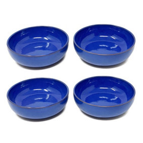 Selena Glazed Hand Dipped Kitchen Dining Set of 4 Shallow Bowls Blue (Diam) 14cm