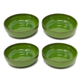 Selena Glazed Hand Dipped Kitchen Dining Set of 4 Shallow Bowls Dark Green (Diam) 14cm