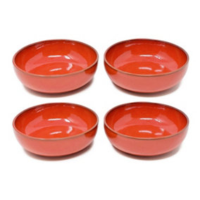 Selena Glazed Hand Dipped Kitchen Dining Set of 4 Shallow Bowls Red (Diam) 14cm