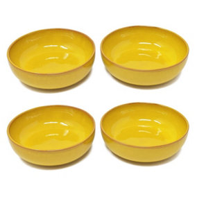 Selena Glazed Hand Dipped Kitchen Dining Set of 4 Shallow Bowls Yellow (Diam) 14cm