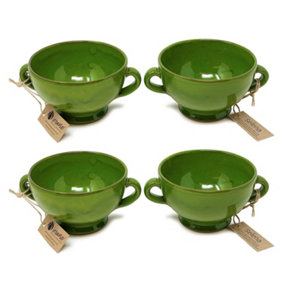 Selena Glazed Hand Dipped Kitchen Dining Set of 4 Soup Bowls Dark Green (H) 9.5cm x (W) 14cm
