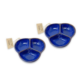 Selena Hand Dipped Glaze Blue Kitchen Dining Set of 2 Small Snack Trio Dishes (Diam) 13cm