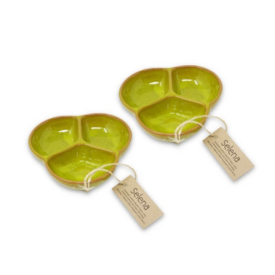 Selena Hand Dipped Glaze Lime Green Kitchen Dining Set of 2 Small Snack Trio Dishes Diam 13cm