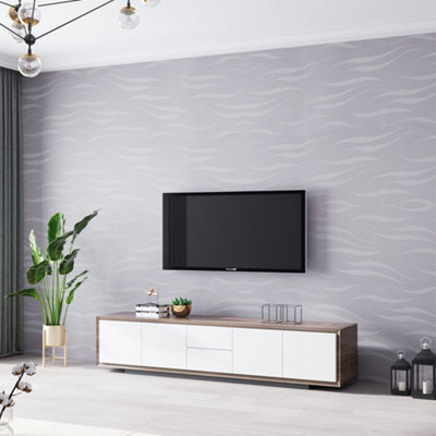 Self Adhesive Dark Grey Embossed Non Woven Wave Striped Wallpaper Silver 3D Glitter Geometric Patterned Wallpaper, 5m²