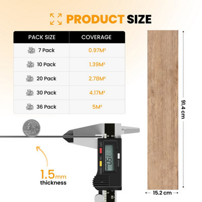 Self Adhesive Floor Planks - 36 Planks Per Pack Covering 53.8 ft² (5 m²) - Peel And Stick Vinyl Flooring Honey Oak Timber Effect