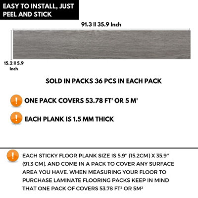 Self Adhesive Floor Planks - 36 Planks Per Pack Covering 53.8 ft² (5 m²) - Peel And Stick Vinyl Flooring in Grey Wood Effect