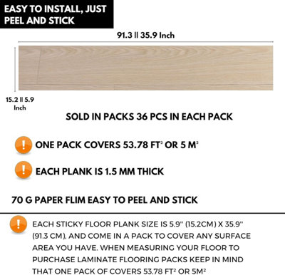 Self Adhesive Floor Planks - 36 Planks Per Pack Covering 53.8 ft² (5 m²) - Peel And Stick Vinyl Flooring in Natural Oak Wood