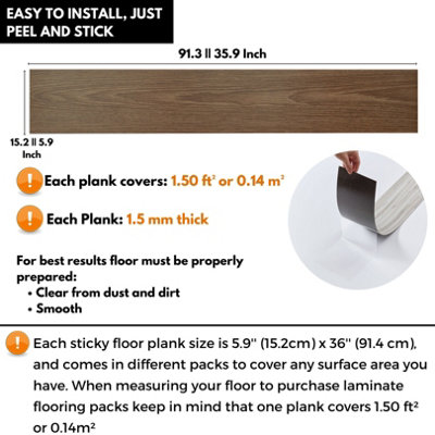 Self Adhesive Floor Planks - Pack of 10 Planks Covers (1.39m²) 14.96 ft² - Peel And Stick Vinyl Flooring Brown Wood Effect