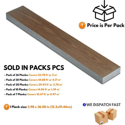 Self Adhesive Floor Planks - Pack of 10 Planks Covers (1.39m²) 14.96 ft² - Peel And Stick Vinyl Flooring Brown Wood Effect