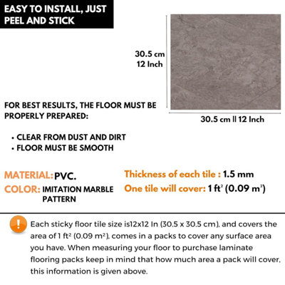 Self-Adhesive Vinyl Floor Tiles - 30 Pack for 30 ft² (2.79 m²) Coverage - Peel & Stick Vinyl Floor Tiles - Dark Grey Marble Effect