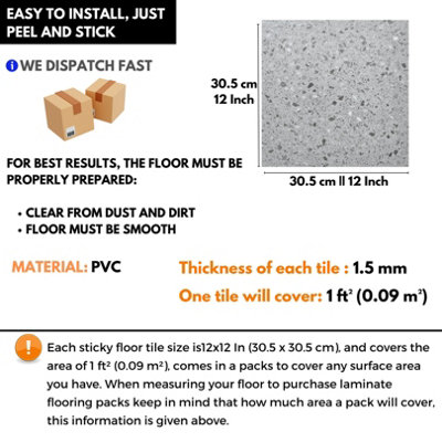 Self-Adhesive Vinyl Floor Tiles - 30 Pack for 30 ft² (2.79 m²) Coverage - Peel & Stick Vinyl Floor Tiles - Granite Terrazzo Effect - 3