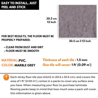 Self-Adhesive Vinyl Floor Tiles - 30 Pack for 30 ft² (2.79 m²) Coverage - Peel & Stick Vinyl Floor Tiles - Grey Marble Effect