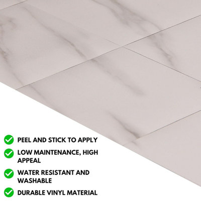 Self-Adhesive Vinyl Floor Tiles - 30 Pack for 30 ft² (2.79 m²) Coverage - Peel & Stick Vinyl Floor Tiles - White Marble Effect