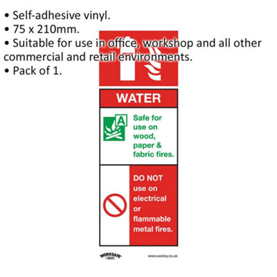 Self-Adhesive Water Fire Extinguisher Safety Sign - 75 x 210mm Vinyl ...