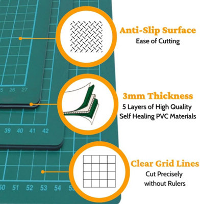 Self Healing Rectangular Green A3 Cutting Mat - Anti-Slip Blade-Resistant Core with Metric Grid Lines Universal Mat - 4