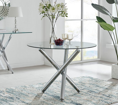 Selina 100cm 2 4 seater Round Glass Dining Table with Nested Starburst Square Silver Chrome Metal Legs