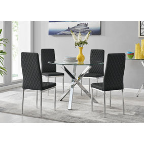 Selina Chrome Round Square Leg Glass Dining Table And 4 Black Milan Chairs Set