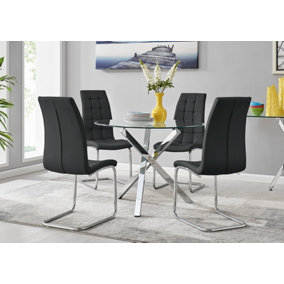 Selina Chrome Round Square Leg Glass Dining Table And 4 Black Murano Chairs Set