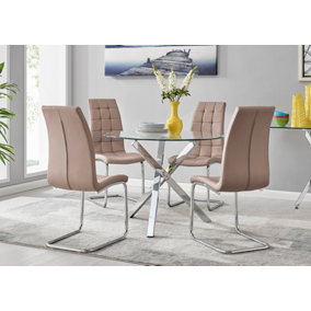 Selina Chrome Round Square Leg Glass Dining Table And 4 Cappuccino Beige Murano Chairs Set