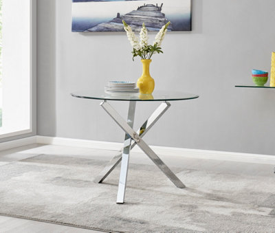 Selina Chrome Round Square Leg Glass Dining Table And 4 Elephant Grey Milan Chairs Set
