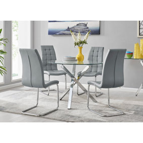 Selina Chrome Round Square Leg Glass Dining Table And 4 Elephant Grey Murano Chairs Set