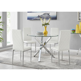 Selina Chrome Round Square Leg Glass Dining Table And 4 White Milan Chairs Set