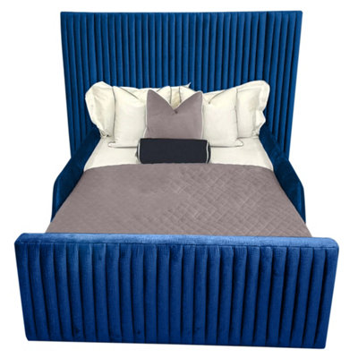 Selina Kids Bed Gaslift Ottoman Plush Velvet with Safety Siderails- Blue