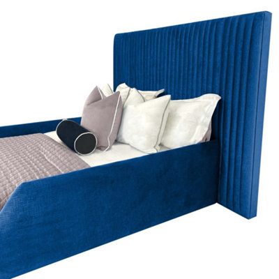 Selina Kids Bed Gaslift Ottoman Plush Velvet with Safety Siderails- Blue