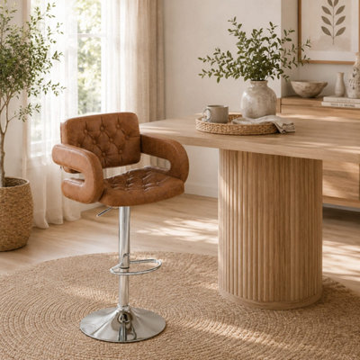 SELURI BROWN FAUX LEATHER ADJUSTABLE SWIVEL BAR STOOL H8 WITH BACK AND ARMS