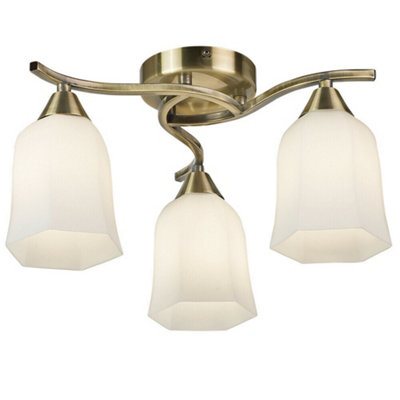 Semi Flush Ceiling Light Antique Brass Opal Glass 3 Bulb Down Lamp Shade Pendant