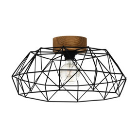 Semi Flush Ceiling Light Black Steel Cage Shade & Wood 1 x 60W E27 Bulb