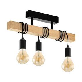 Semi Flush Ceiling Light Black Steel & Wood Bar Lamp 3 x 60W E27 Bulb