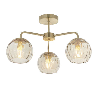 Semi Flush Ceiling Light - Satin Brass & Champagne Lustre Glass - 3 x 25W E14