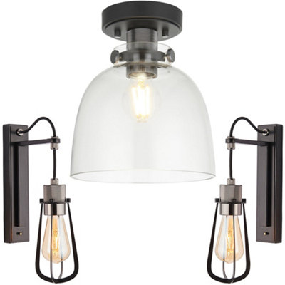 Semi Flush Low Ceiling Pendant & 2x Matching Wall Lights - Matt Black Frame Smoked Grey Tinted Glass Shade - Dimmable Set