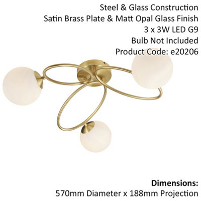 Semi Flush Multi Arm Ceiling 5 Light Fitting - Satin Brass & Opal Glass ...
