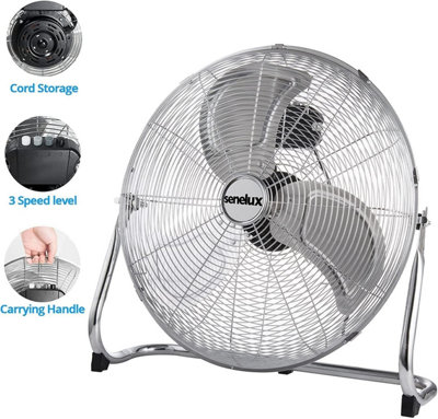 Senelux Floor Fan - Chrome Gym Fan - Electric Portable Cooling Fan for Home/Gym/Office Use - 3 Speed Settings with Tilting Feature - High Velocity main image 0